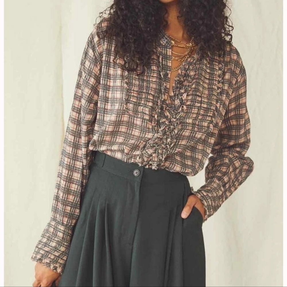 NWOT Free People FP One Plaid Miles Tuxedo Shirt Tunic Top XS